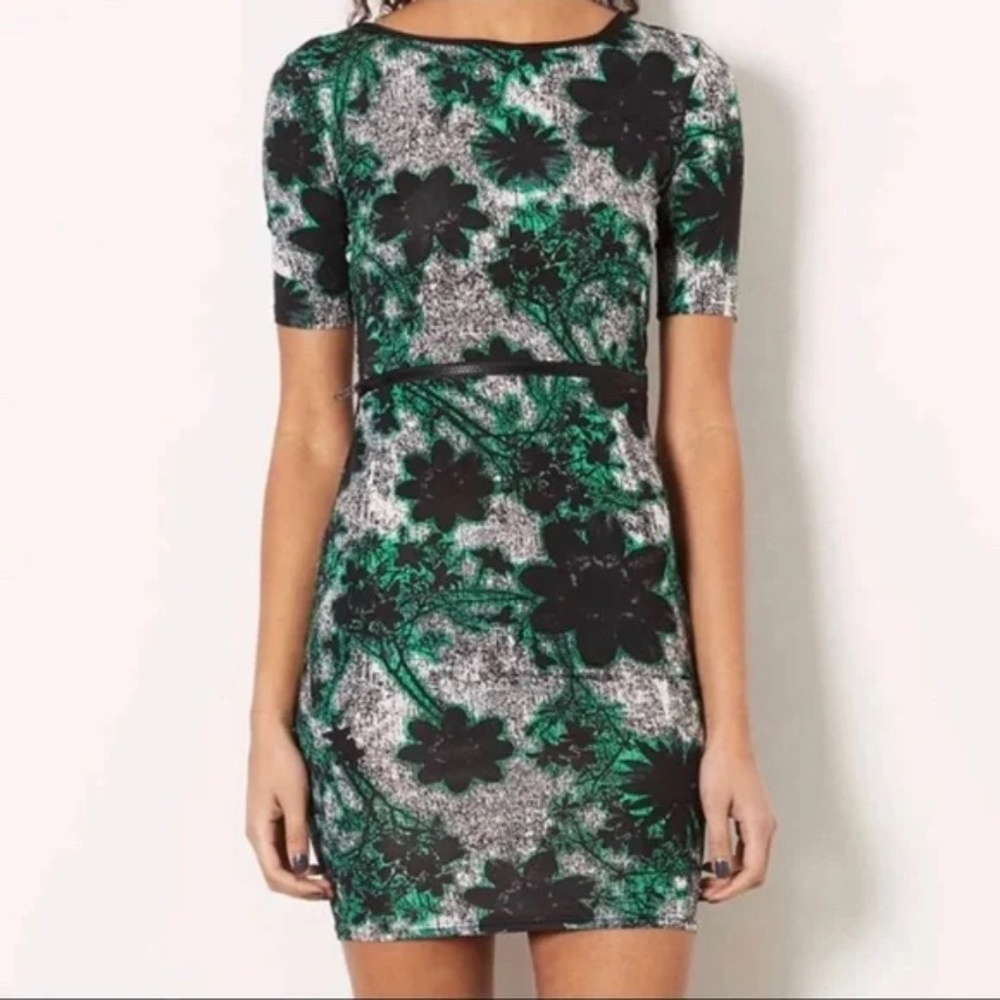 Topshop Zippered Midriff Cutout Dress, Green Black Floral Watercolor